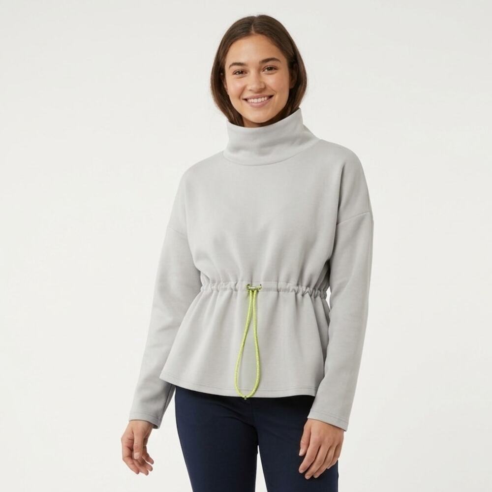 Varley Freya Funnel Neck Sweatshirt Women's M Gray Stretch Drawstring Waist Logo